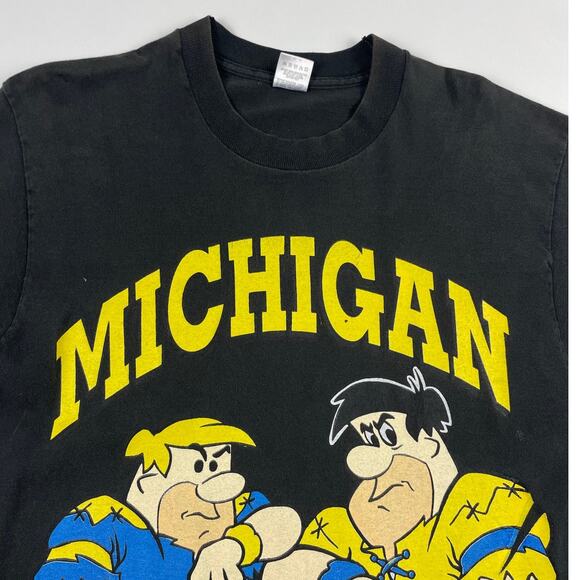 Vintage Flinstones Michigan 90s Football Fred & Barney Black Faded Shirt Large - Picture 3 of 8